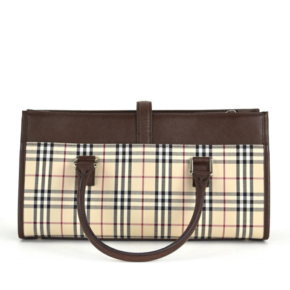 Burberry Horizontal Handbag One Leather Brown Nova Check Beige Brown Tan